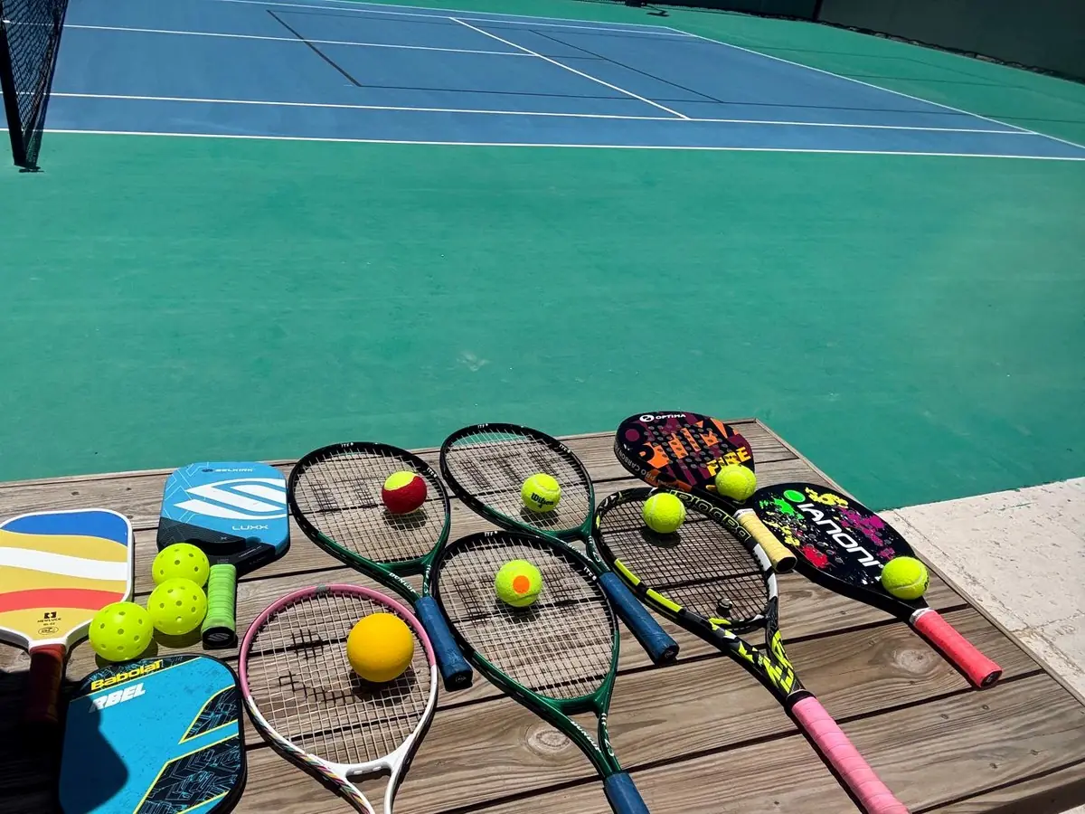Tennis rackets, pickleball paddles and beach tennis paddles available at the club