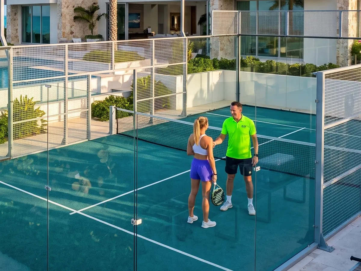 A coach and a player on a private court at a villa in Providenciales